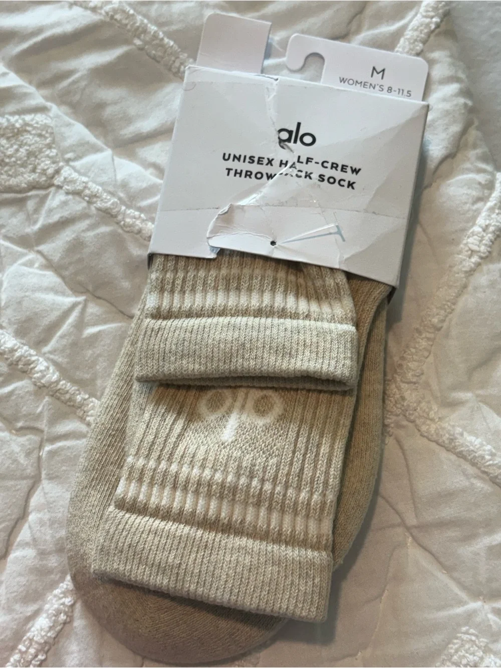 ALO Yoga unisex half Crew Socks /White Logo and Stripes throwback Sock Oatmeal